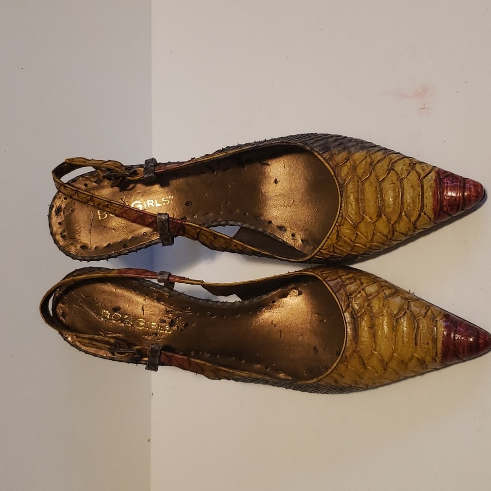 Metallic faux snakeskin 3 inch heels.